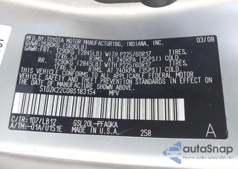 2008 Toyota Sienna Xle/Xle Limited z USA, uszkodzony, nr VIN 5TDZK22C08S183154